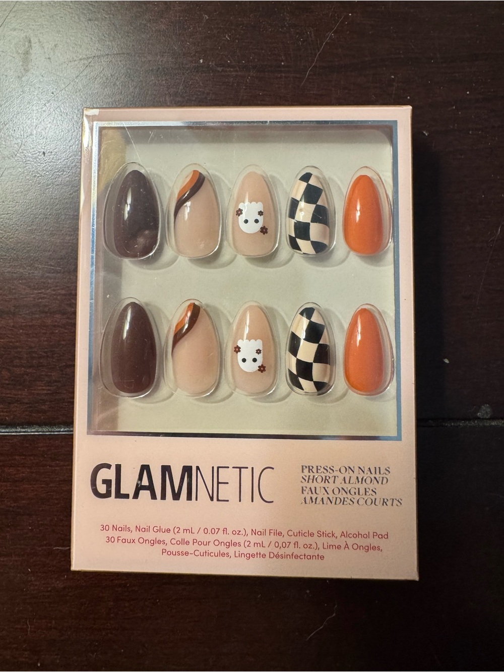 Orange & Neutral Press-On Almond Nails - Cute Checkered & Ghost Accent